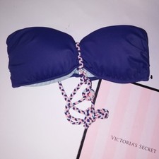 Victoria Secret Swim Bikini Top Small Navy Blue Padded Bandeau Swimwear