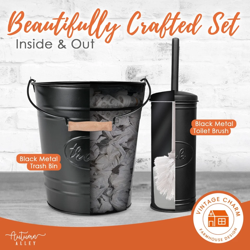 Autumn Alley Matte Black Metal Farmhouse Trash Can & Toilet Brush Set - Image 3 of 4