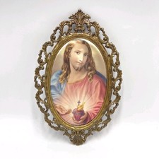 Vintage Jesus Sacred Heart Icon Bronze Brass Frame Religious Wall Art 1990s