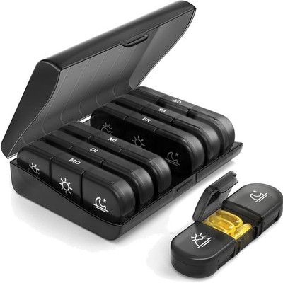 Pillenbox 7 Tage, Medikamentenbox, Tablettenorganizer, BPA frei, Schwarz