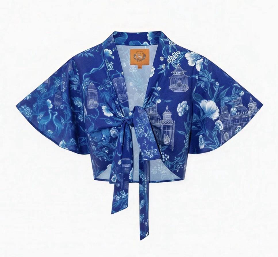 Top envolvente Coniglio Palm Beach Miraflores, estampado de grullas índigo, azul, pequeño, $225