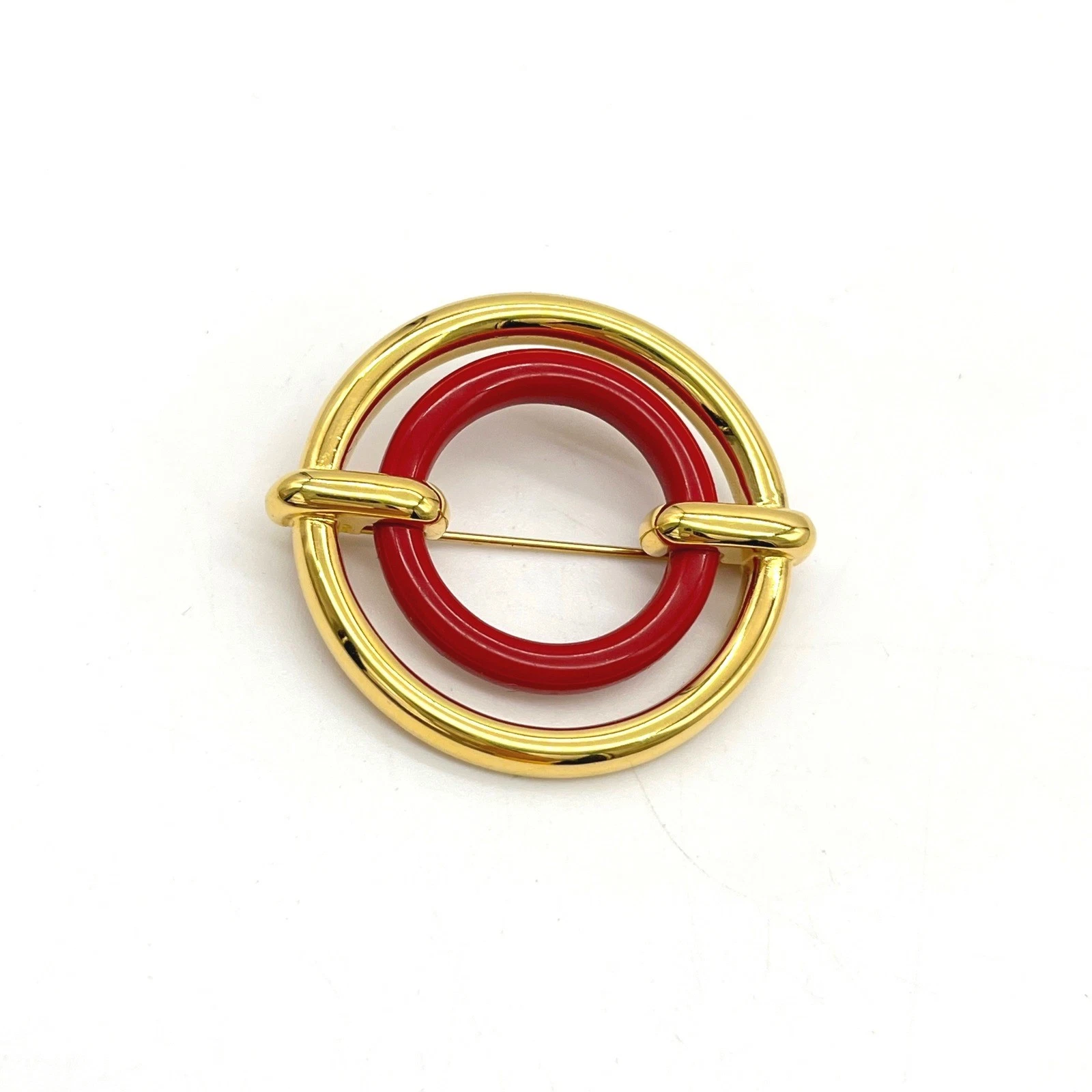 Monet Vintage Brooch Gold Tone Red Enamel Double Circle Geometric Pin 1.75 Inch
