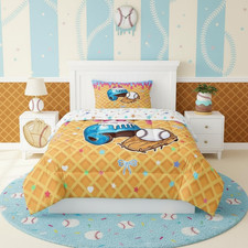 Girls Baseball Kids Comforter Set Twin Size,Kawaii Sport Bowknot Plaid Bedding S