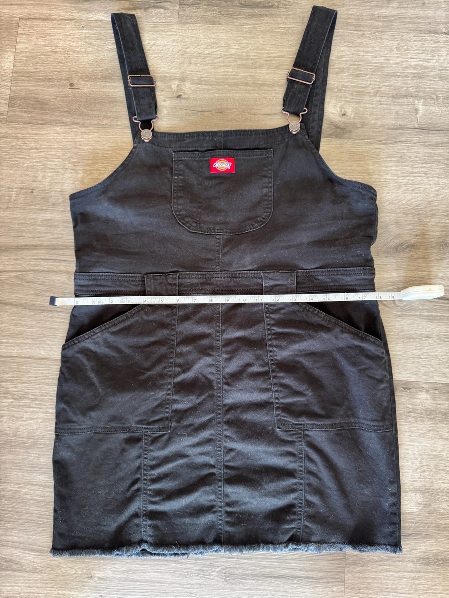 Dickies Black Denim Overall Dress Raw Hem Pinafore Jumper Size Large View 4