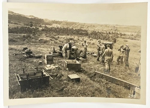 1940s WWII Soldiers Setting Up Artillery Gun in Field Vtg Snapshot Photo