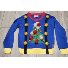 Tipsy Elves Ugly Christmas Sweater Tree Suspender Tinsel Pom Poms Women's L