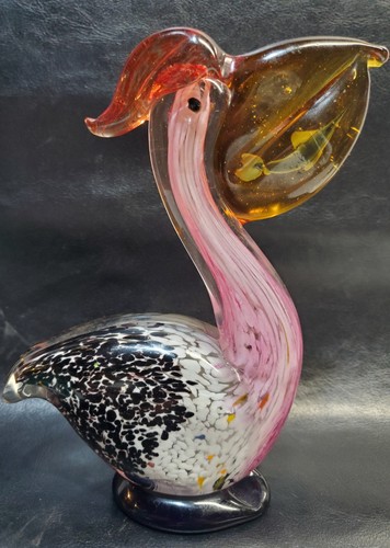Murano‑Style Sommerso technique Art Glass Pelican Sculpture Amber Beak w/fish