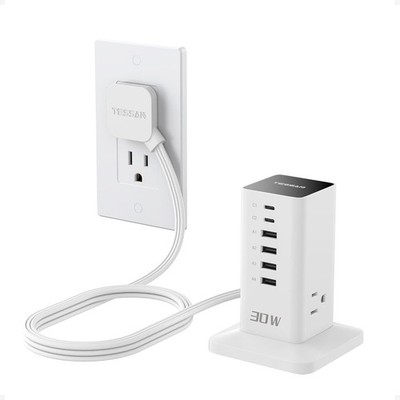 Charging Station 30W, TESSAN 9-in-1 Charger Blocks 5 Feet(30W with AC), White 