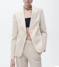 MANGO 100% Linen Beige Cream Blazer Suit Jacket 6