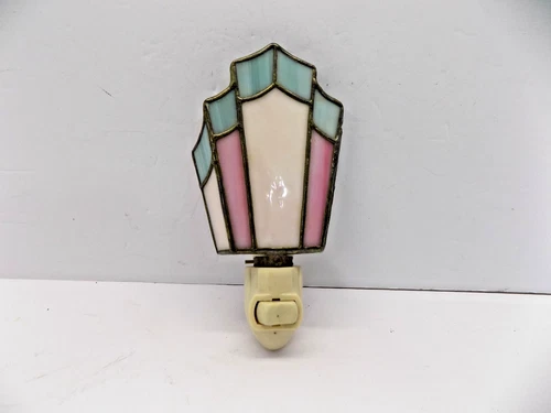 Vintage 1984 Gallery Art Stained Glass Night Light Blue/Pink Tiffany Style