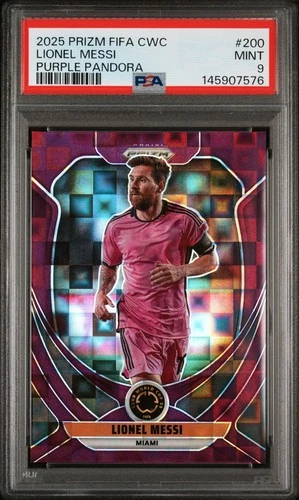 2025 PANINI PRIZM FIFA CLUB WORLD CUP LIONEL MESSI PURPLE PANDORA /49 PSA 9