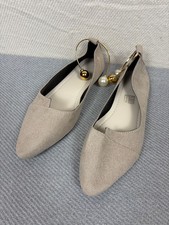 Womens Pearl Ankle Strap Pointy Toe Flats Size 8 Beige Faux Suede Slip On Shoes