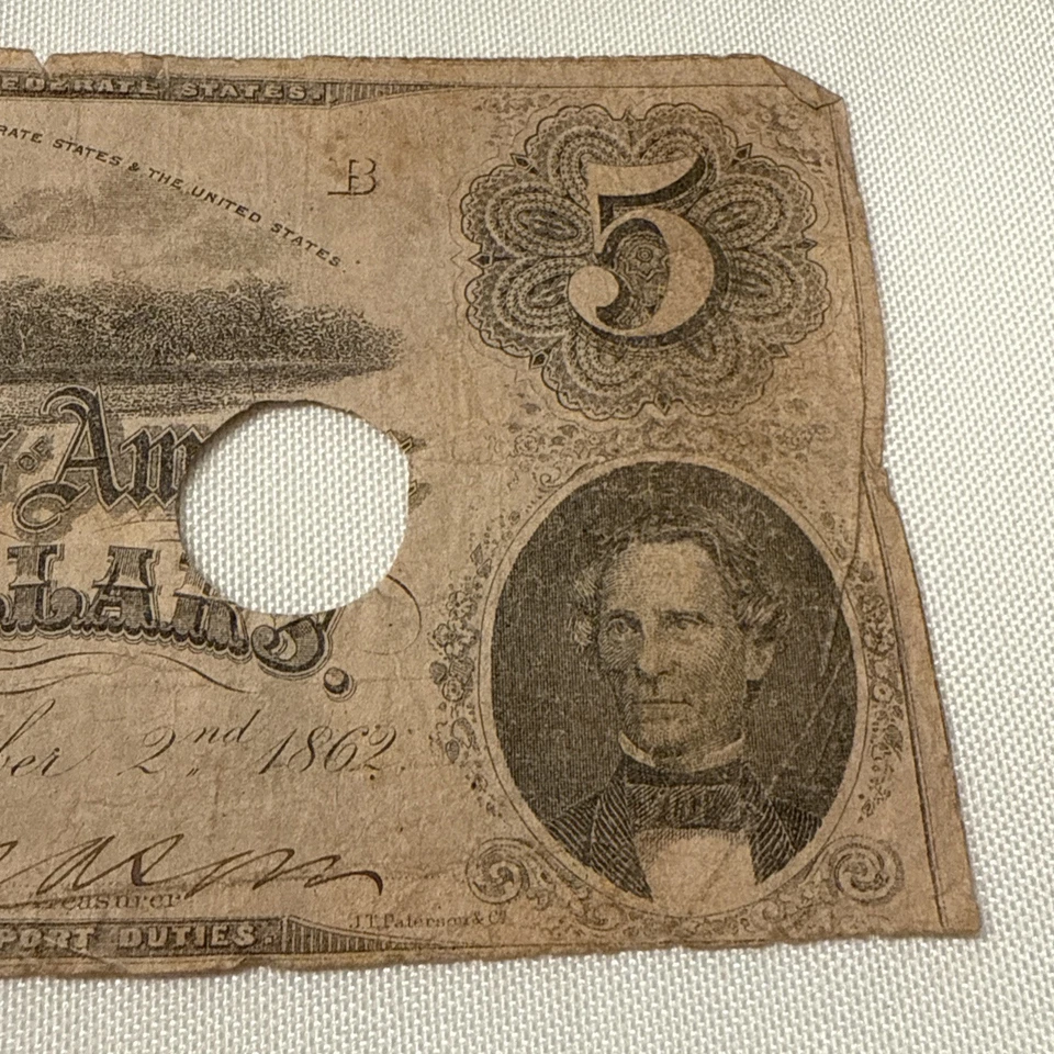 1862 $5 DOLLAR BILL, THE CONFEDERATE STATES OF AMERICA Richmond  - Image 4 of 4
