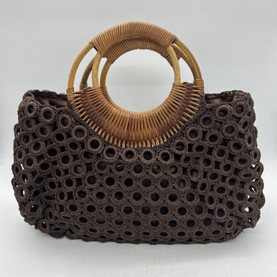 Vintage Handbag Circle Crochet Cane Woven Handle Choc Brown Retro Granny Core