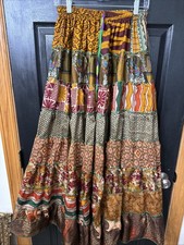 Tiered Gypsy Maxi Skirt FESTIVAL BOHO Elastic waist Free Sz Silk Pockets Earth