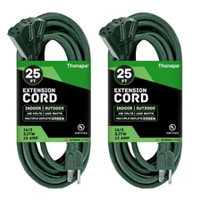 2 Pack of 25 Ft Outdoor Extension Cords-3 Electrical Outlets- 16/3 Durable-Green