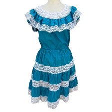 Vintage Handmade Teal Blue Lace Tiered Skirt Ruffle Top Set Fiesta Folk Prairie