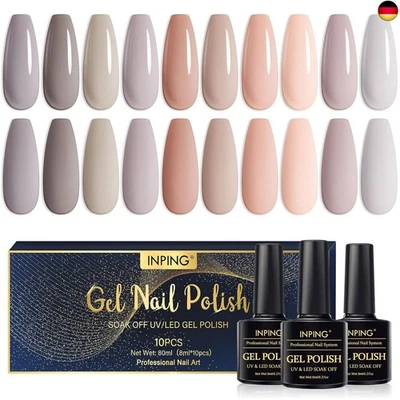 INPING UV Nagellack Set, 10 Farben Nudetöne Braun Gel, Soak-Off UV Nagellack Nude Gel