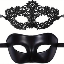 Image of 2pcs Black Lace Masquerade Mask Couples Halloween Party Mardi Gras Set