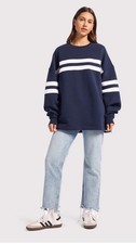 Nuuds 108 Womens Navy Varsity OVERSIZED Crewneck Sweatshirt Size L NWOT
