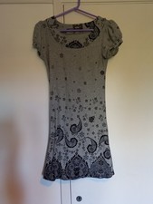 Grey jumper dress or tunic with elegant black paisley pattern size S Apricot