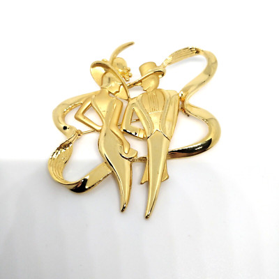 Vintage JJ Jonette Jewelry Broch Art Deco Night On The Town Gold Tone Couple