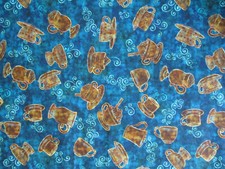 COFFEE CUPS POTS CAFE ALL DAY CUP BRN BLUE DIGITAL ART COTTON FABRIC BTHY