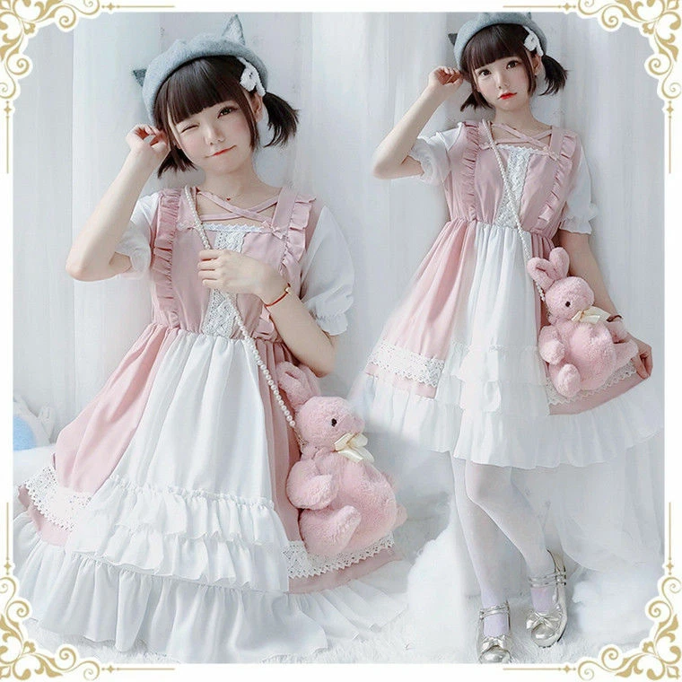 Japanese Style Lolita Dress Short Sleeve Princess Sweet Lovely Kawaii Pink  Black