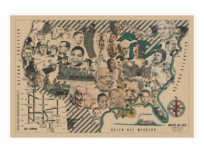Italian Jazzland map of USA | Vintage Mappa del Jazz Music | Art Print Poster