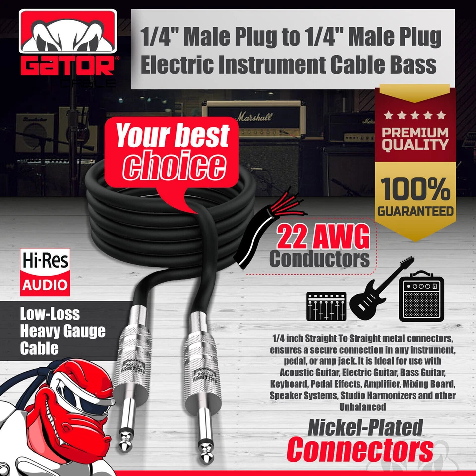 1/4” Male to 1/4” Male Cable Mono Cord Wire Plug Guitar Bass Instrument Keyboard - Image 4 of 4