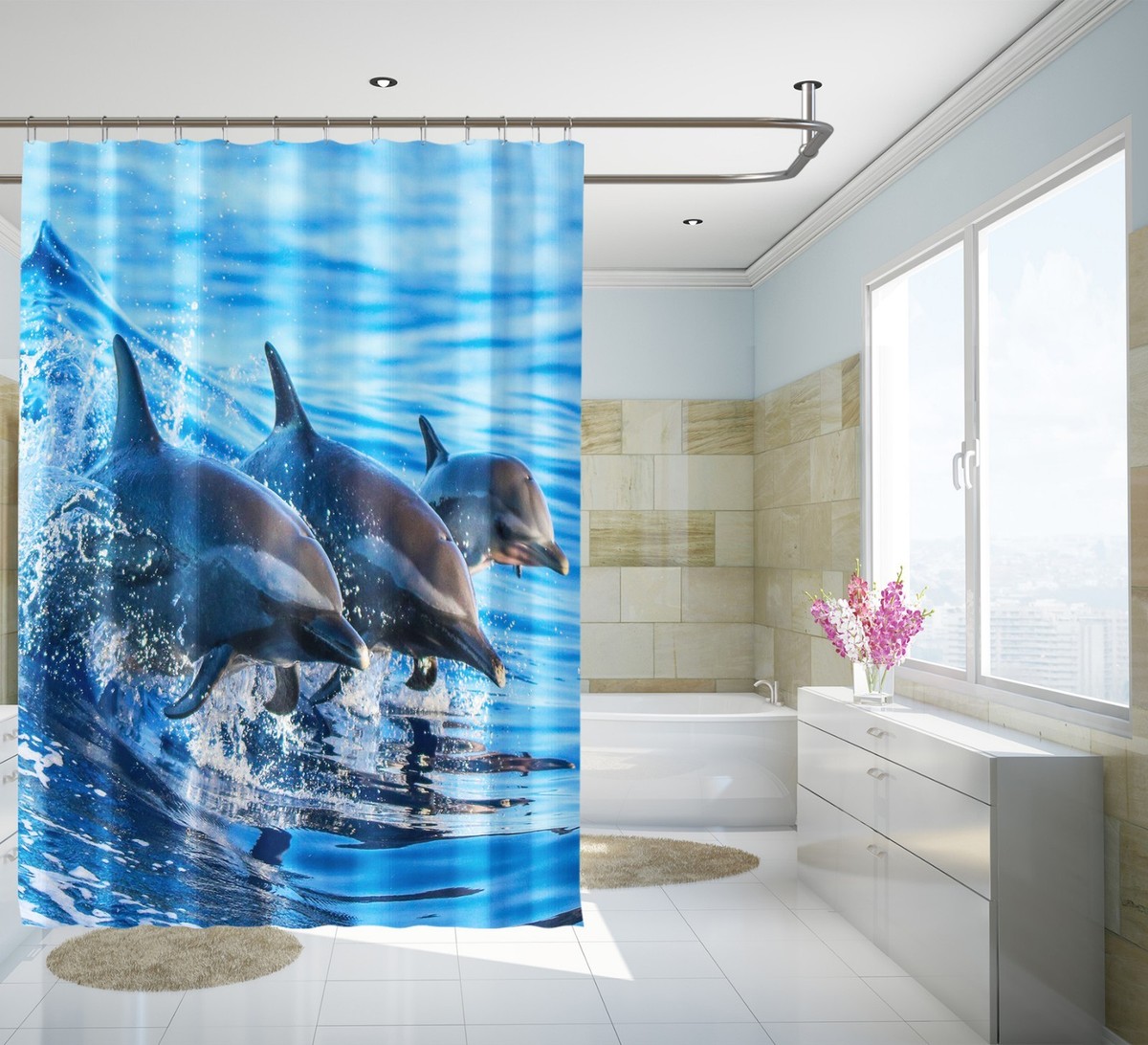 3D Ocean Dolphin Shower Curtain Or Non-Slip Bathroom Rug Set – Blue Polyester