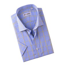 Blue Yellow Plaids Checks Mens Dress Shirt Short Sleeve Business Casual Formal