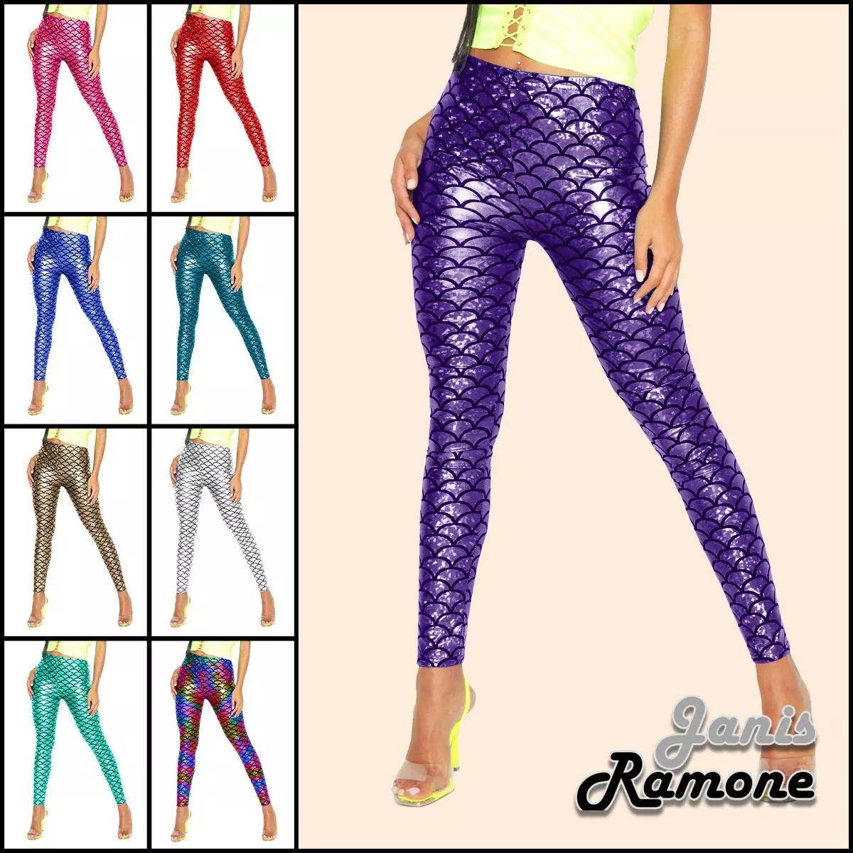 Womens Mermaid Mettalic Leggings Fish Scale Holographic Skinny Shiny Disco  Pants