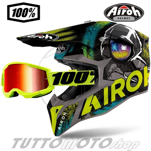 AIROH CASCO DA MOTOCROSS NEW 2021 WRAAP ALIEN YELLOW MATT + MASCHERA 100%  STRATA | eBay