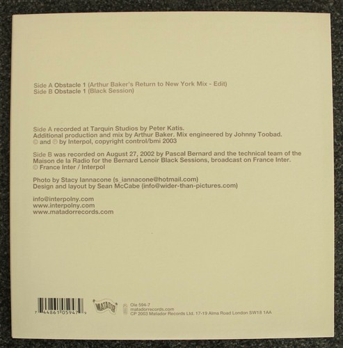 INTERPOL OBSTACLE 1 ARTHUR BAKER REMIX 2 TRACK 7" SINGLE NEAR MINT - Picture 2 of 4