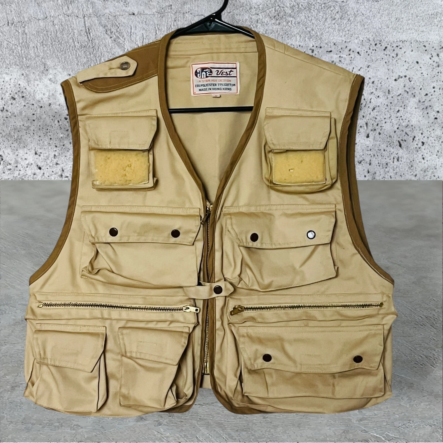 Vintage 60's Stan Hui Fly Fishing Vest Men’s M Beige Multi Zip Pockets Hong Kong