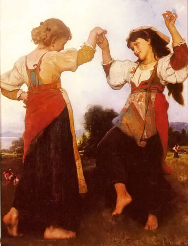 Oil painting leon bazile perrault - la tarantella two girls dancing in landscape - Picture 1 of 1