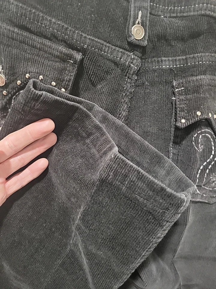 Jeans vintage bordado cintura baixa veludo alargado preto tamanho 15 36x27 anos 90 Y2K - Imagem 3 de 4