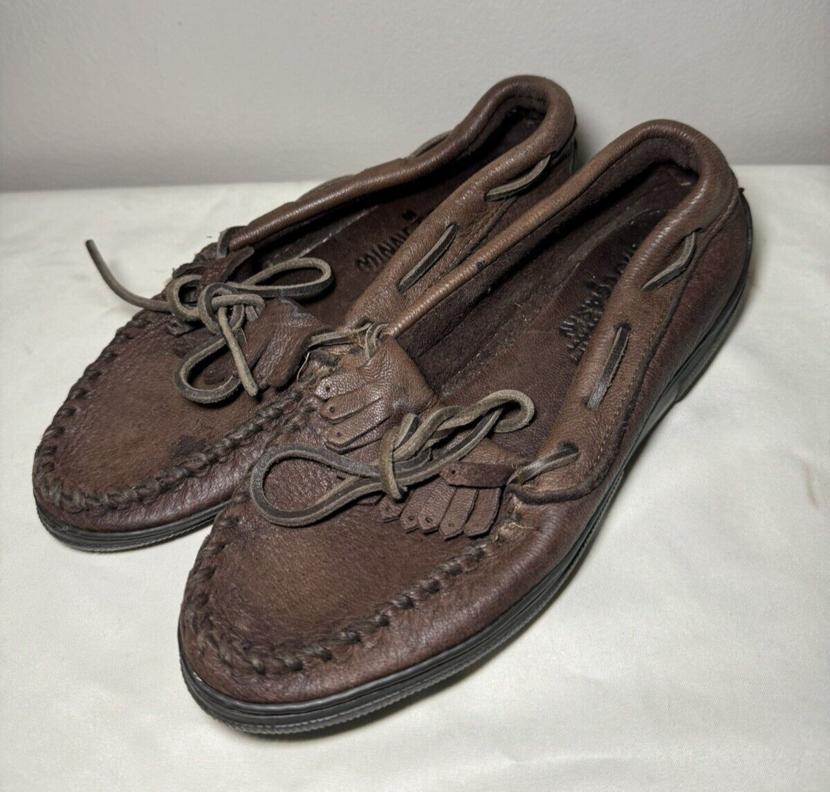 SAOLA Mocassini donna Minnetonka suola rigida pantofola guida pelle marrone taglia 6