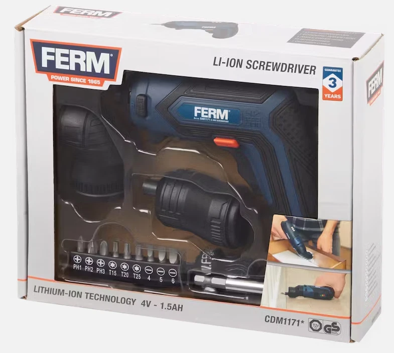 Ferm 4V LI-ION Akkuschrauber inkl Winkelaufsatz Eckaufsatz und  