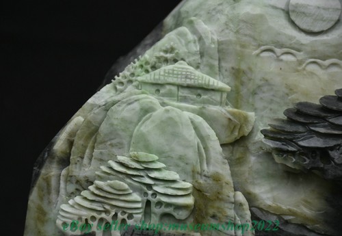 8.8" Chinese Natural Dushan Jade Carved Mountain Tree House Waterwheel Statue - Picture 8 of 11