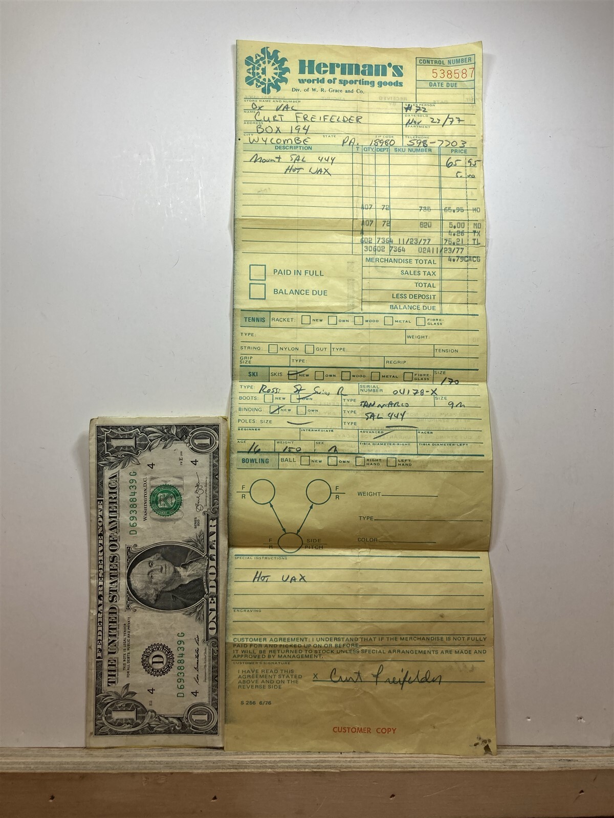 1977 Oxford Valley Mall Herman's Sporting Goods Mount Salomon 444 Receipt ski PA