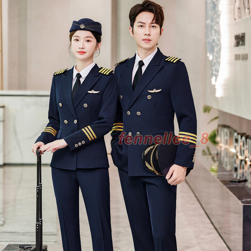 Men Women's Pilot Uniform Airline Captain Suit Jacket Pants Aviator Work Costume