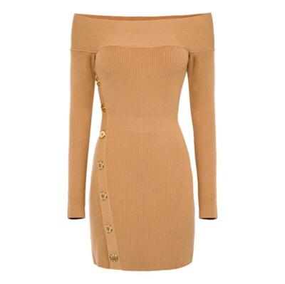 NWT ELISABETTA FRANCHI KNIT DRESS WITH GOLD BUTTONS CAMEL AM52S16E2 | eBay