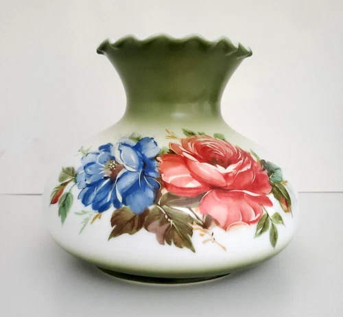 Vintage Glass Lamp Shade 7" Fitter Hurricane Oil Or Electric Tam Green Floral