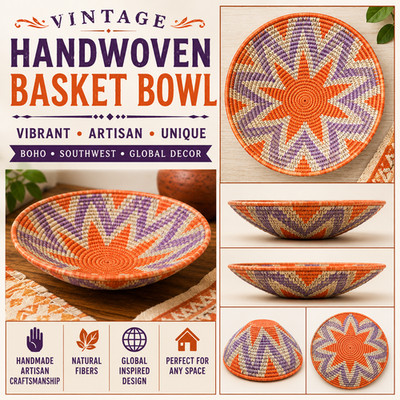 Vintage Handwoven African Basket Bowl Orange Purple Starburst Raffia Decor