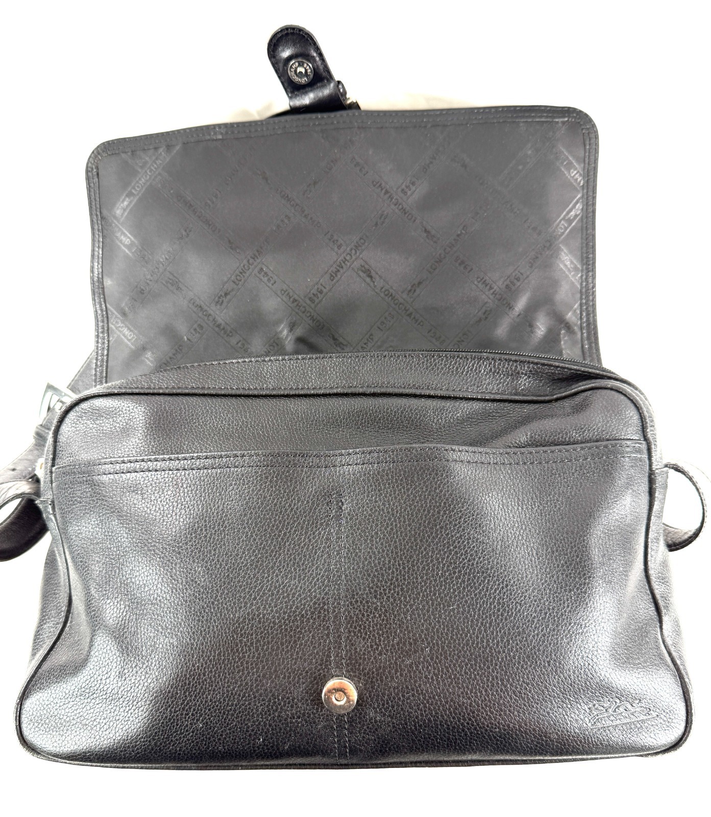 Longchamp Vintage Black Leather East West Medium Shoulder Bag Flap Buckle Rare image 8