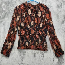 Joie Top Womens M Brown Black Metallic Floral Long Sleeve Blouson Smocked Waist