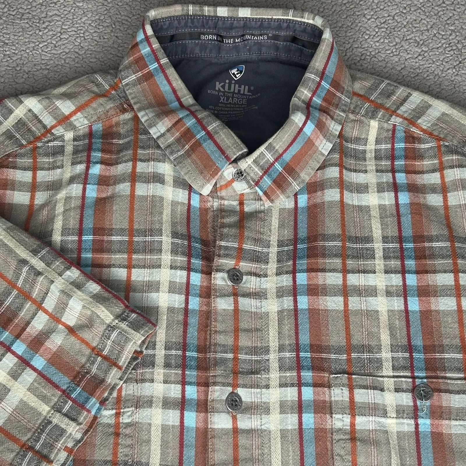 Kuhl Shirt Mens XL Brown Plaid Linen Short Sleeve Button Up Outdoor Hiking