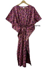 Indian Ethnic Floral Print Gown Woman Sleepwear Pink Caftan Hippie Bathrob Maxi
